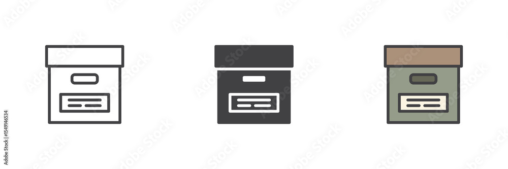 Poster file cabinet icon set in line, solid and filled outline style