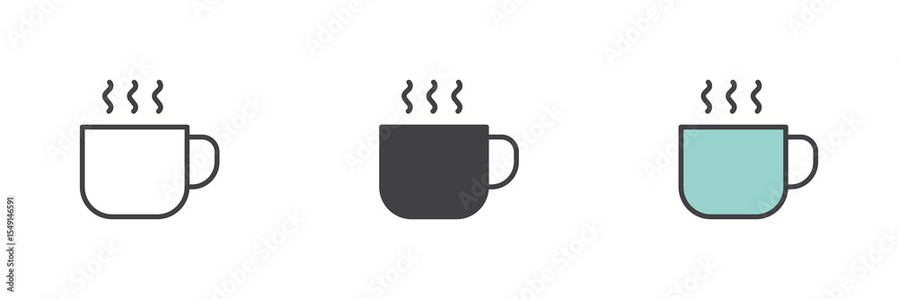 Poster coffee mug icon set in line, solid and filled outline style
