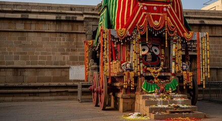 Fototapeta premium Jagannath Rath parked beside temple walls with scattered flower offerings
