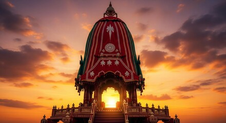 Rear view of a decorated Jagannath chariot under dramatic sunset sky