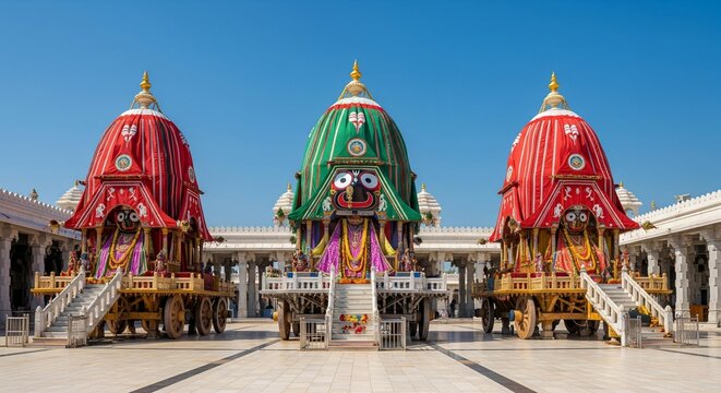 Three Rath of Jagannath, Balabhadra, and Subhadra standing in temple courtyard