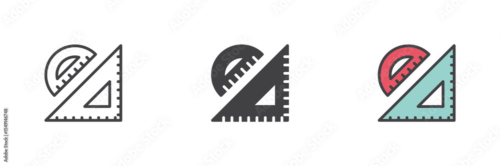 Poster Triangle ruler icon set in line, solid and filled outline style