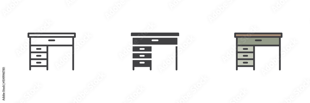 Poster office desk icon set in line, solid and filled outline style
