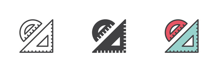 Triangle ruler icon set in line, solid and filled outline style