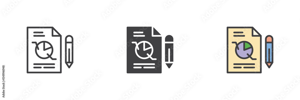 Poster Pie chart report icon set in line, solid and filled outline style