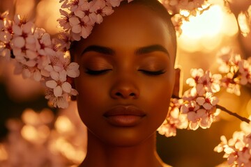Pretty black young woman inhaling the aromatic of cherry blossoms. Spring mood idea art,golden hour in sunset. Woman with spring blossoms in background. Beautiful woman in spring flowers.
