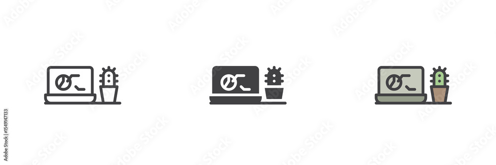 Poster laptop and cactus on desk icon set in line, solid and filled outline style