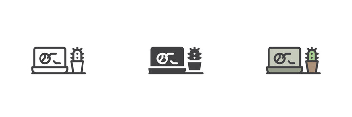 Naklejka premium Laptop and cactus on desk icon set in line, solid and filled outline style