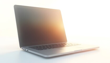 Modern Silver Laptop Open on White Surface with Warm Light Reflection
