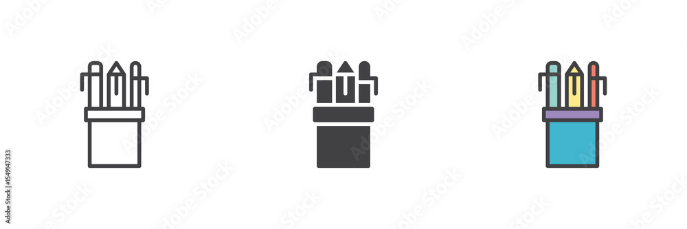 Poster pencil holder icon set in line, solid and filled outline style