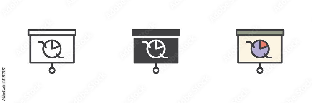 Poster Projector screen icon set in line, solid and filled outline style