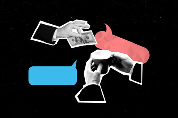 Full image sketch 3d collage of business people hands hold coffee cup dollar banknote barista...