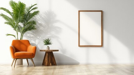 A sleek, minimalist home interior featuring an orange chair, greenery, and an empty frame, creating an inviting space full of warmth and modern design elements.