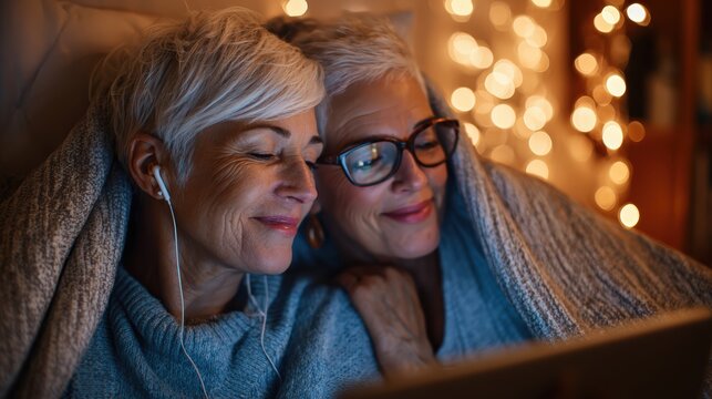 Two women are sitting on a bed, one of them wearing headphones - Powered by Adobe