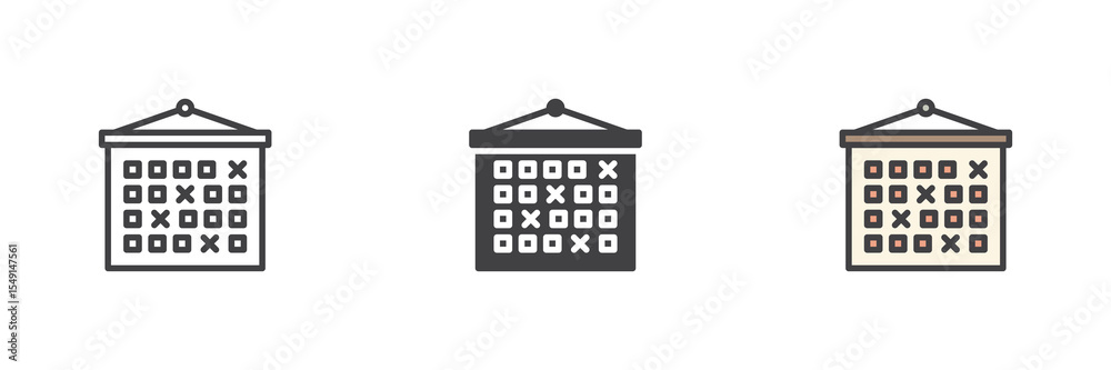 Poster calendar icon set in line, solid and filled outline style