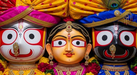 Close-up of Subhadra between Jagannath and Balabhadra with vibrant facial features


