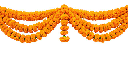 Marigold Garland: An elegant display of bright orange marigold flowers is artfully strung together. The vibrant blooms create a captivating garland.
