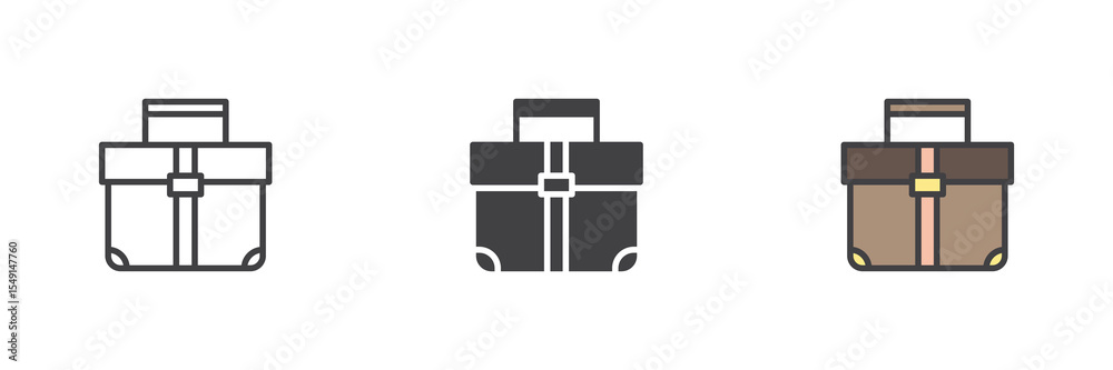 Poster briefcase icon set in line, solid and filled outline style