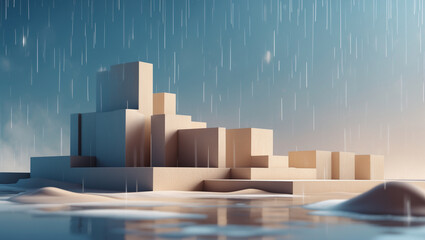 Abstract architectural composition with cuboids and rain reflecting on the water surface under a cloudy sky