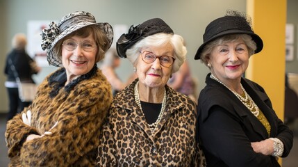 Three women in black and white hats pose for a picture