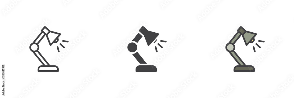 Poster desk lamp icon set in line, solid and filled outline style