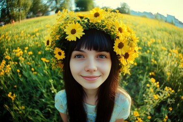 Morning glow. Happy stunning caucasian young girl woman with black hair wearing yellow flower crown on her head. Happy summertime design idea art. Soft aesthetic with floral elements.