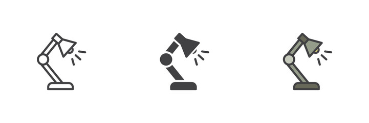 Desk lamp icon set in line, solid and filled outline style