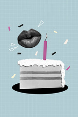 Sketch design trend artwork 3D photo collage of piece cake candle fire mouth lips psychedelic wish...
