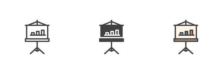 Presentation board icon set in line, solid and filled outline style
