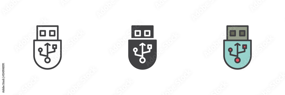 Aufkleber usb flash drive icon set in line, solid and filled outline style