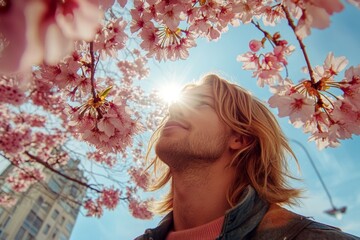 Early sunshine and fog, spring mood visual idea artwork. Handsome adult man inhaling the smell of cherry blossoms. Man in a pink flower field. Spring-inspired man with pink flowers.