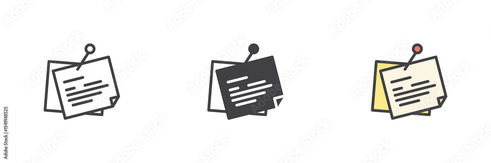 Poster pinned note icon set in line, solid and filled outline style