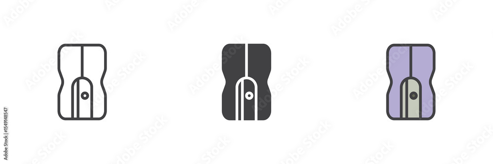 Poster pencil sharpener icon set in line, solid and filled outline style