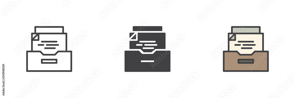 Poster Archive report icon set in line, solid and filled outline style