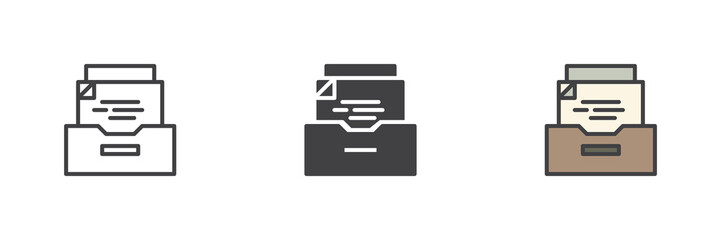 Archive report icon set in line, solid and filled outline style