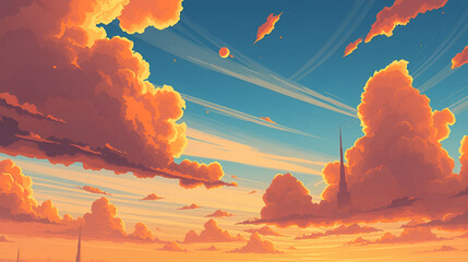 Dramatic blue sky with towering spindrift clouds and vibrant orange hues at sunset, orange, dramatic, vibrant. sundrift. illustration. [Graviton Cities] | Floating Spires | sky towers. Illustration