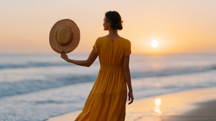 Serene sunset silhouette of a woman standing in ocean waves
