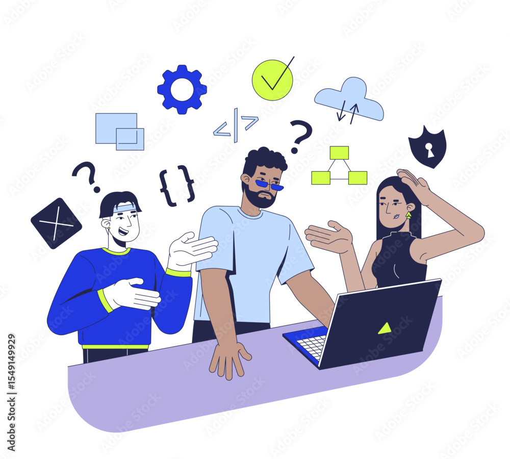Poster learning to code in group 2d illustration concept. it school course. collaborative development. dive