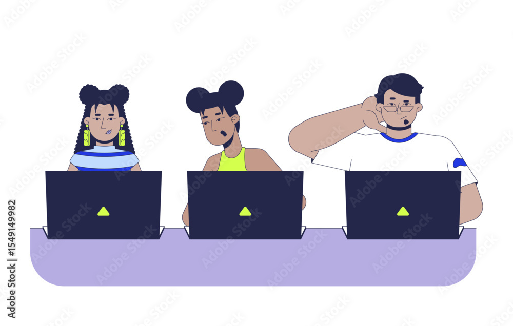 Aufkleber writing code practice 2d vector illustration. coding bootcamp. it school course. hackathon. diverse 