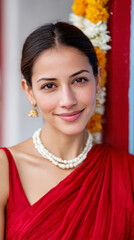 Elegant south asian woman in red saree with floral garland for festive celebration
