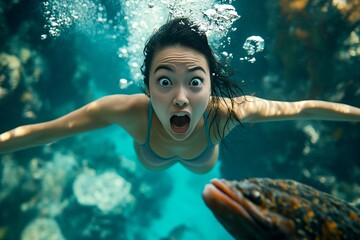 Encounter with toxic stonefish while snorkeling. Snorkeling near danger. Toxic stonefish and fear and horror adult woman swims among the corals. Swimming with danger. Hazardous ocean depths.