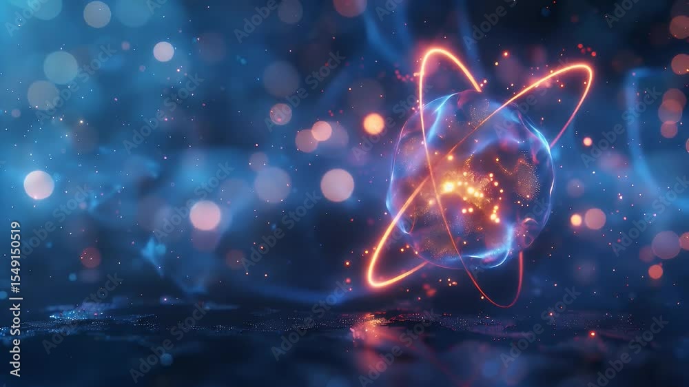 Poster glowing atom model with orbitals on dark surface with abstract background