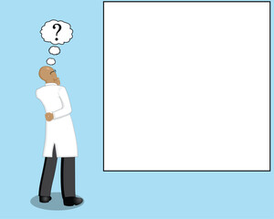 cartoon illustration vector design of a professor or doctor standing while thinking about something marked with a question mark symbol with a white blank space in the form of a box