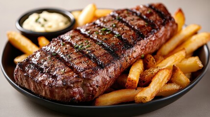 A deliciously grilled steak served with crispy golden fries, capturing the essence of a hearty meal that celebrates flavor, indulgence, and culinary satisfaction.