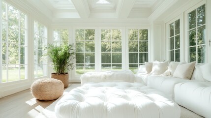 A serene sunroom filled with sunlight showcases soft decor, inviting cushions, and vibrant greenery, creating a peaceful retreat that promotes relaxation and tranquility within.