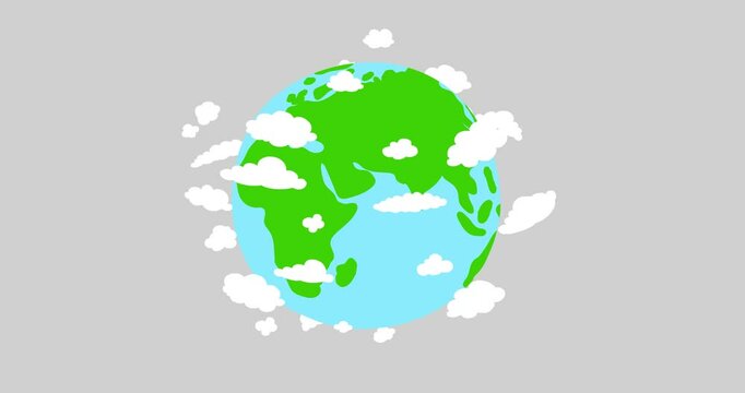 Earth globe flat doodle 2d design with moving cloudsisolated. Earth day cartoon animation. Hand drawn illustration video motion design explainer style animated. Modern business education 4k movie.