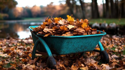A rustic wheelbarrow overflowing with vibrant autumn leaves beside a tranquil body of water captures the essence of the fall season and the beauty of nature's transformation.