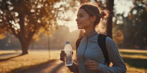 Beautiful fit woman running in city park on sunny summer day. Young girl jogging in the street holding her water bottle.