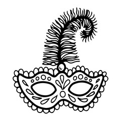Lace masquerade mask with feather. Hand drawn doodle vector. Secret face. Carnival costume accessory. Festival decoration. Retro party. Fashion, vintage style. Illustration line art element.