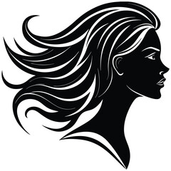 Elegant Woman Silhouette: Strong, Dramatic, Black and White Profile, Long Flowing Hair